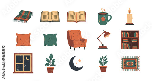 Cozy home elements: retro reads, warm beverages, and comfy decor for relaxed living