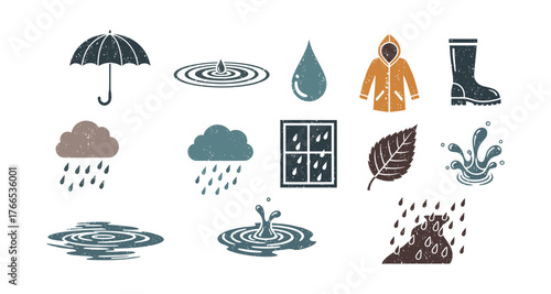 Rainy day elements: vintage weather icons featuring umbrella, raindrops, and puddle