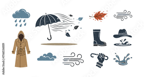Autumn rain symbols: umbrella, wind, coat, and elements