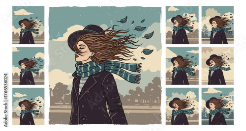 Woman in autumn wind with scarf and hat in vintage comic style outdoors