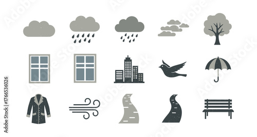 Flat autumn and weather icons set featuring umbrella, raindrops, and tree