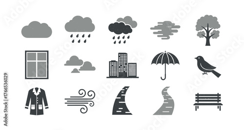 Weather icons set: cloud, rain, tree, urban, and nature symbols in flat design
