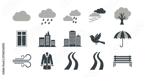 Weather and city icons in grunge style: clouds, rain, buildings, and more