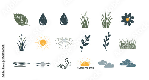 Vintage nature icons: weather, plants, and sky in grunge style