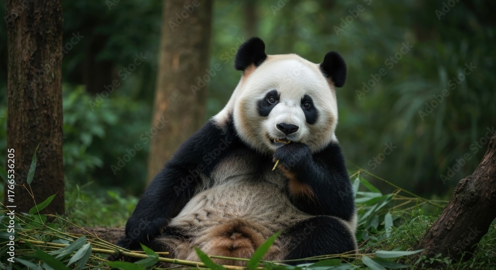 Naklejka premium Giant panda seated amidst bamboo, eating with focus in a lush, green forest setting