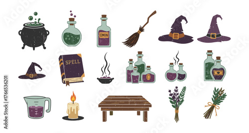 Magical potion elements and witchcraft accessories in flat hand-drawn style