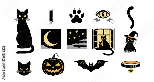 Spooky black cats and halloween elements with vintage touch