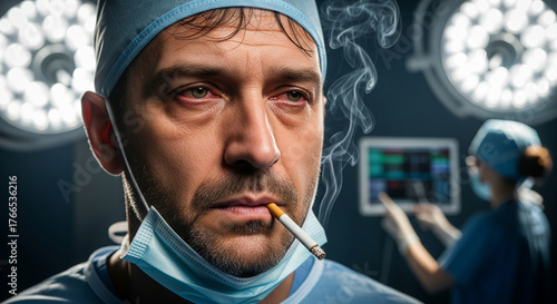 Tired doctor with mask on face after surgery close up smoking cigarette. Healthcare, stress and test results during emergency surgery. Medical, mental fatigue and nurse in clinic in medical clothes