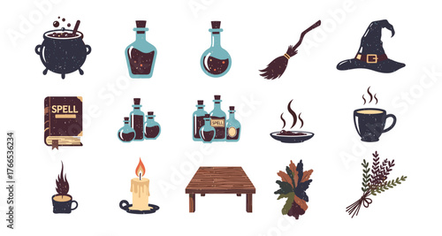 Magical objects collection: potions, spellbook, witch hat, broom, cauldron, and herbs