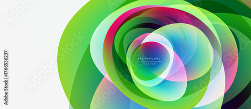 Abstract colorful layers create dynamic circular design. Vibrant green, yellow, pink hues blend seamlessly. Modern background element.