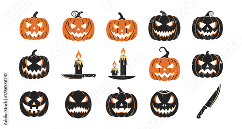 Spooky pumpkin faces and halloween elements in distressed style