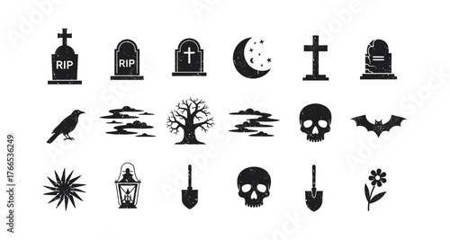 Halloween silhouette icons: gravestones, skulls, bats, and more for spooky design