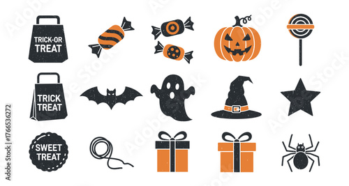 Halloween icons set: ghosts, bats, pumpkins, and candy designs in grunge style
