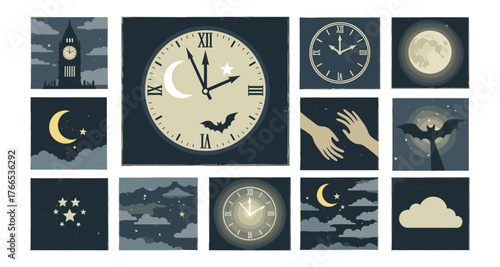 Nighttime mystery: clocks, moons, and bats in atmospheric silhouettes