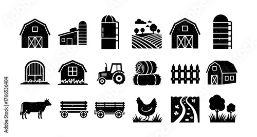 Rustic farm silhouettes collection featuring barns, animals, and landscapes for farmhouse decor