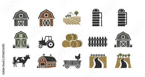 Rustic farm elements with barns, tractor, animals, and fences in flat design