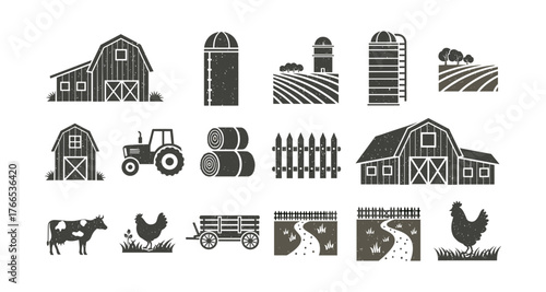 Rustic farm elements collection featuring barns, silos, and livestock icons