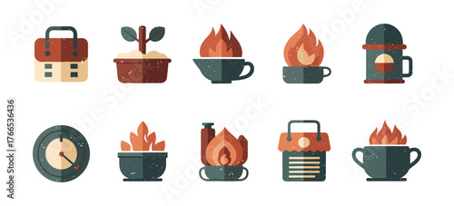 Cozy autumn icons collection featuring plants, coffee, and campfire elements in a flat design