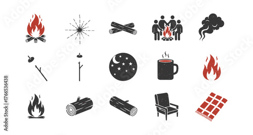 Rustic camping icons set featuring campfire and outdoor essentials