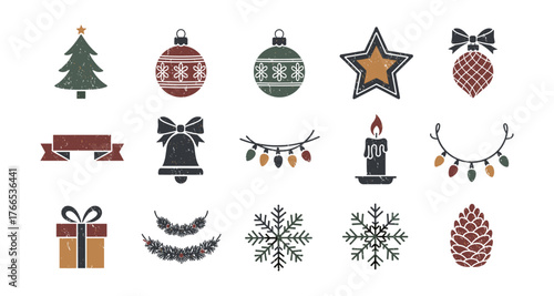 Rustic christmas icons: festive elements in vintage distressed style for seasonal designs