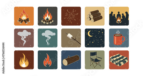 Vintage camping icons: campfire, marshmallows, and outdoor activities