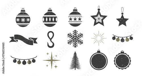 Rustic christmas icons set featuring baubles, stars, and snowflake