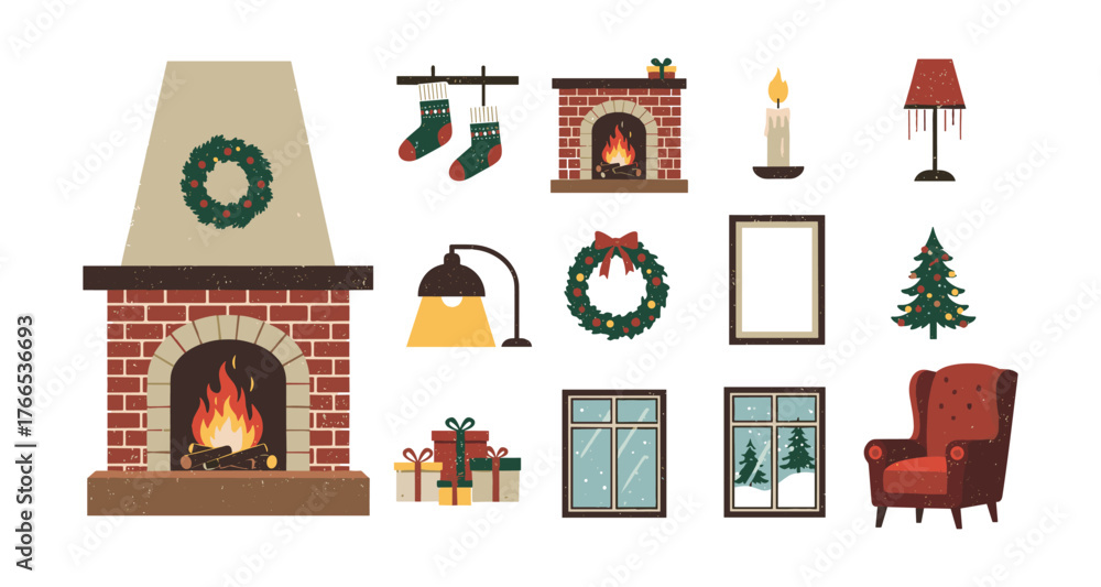 Naklejka premium Cozy christmas fireplace decor: wreaths, stockings, gifts, and more for holiday warmth
