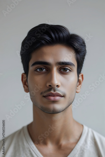 Headshot photo ID portrait of young Indian man with dark brown eyes, neutral expression, smooth light brown skin, white background, soft diffused lighting generative AI