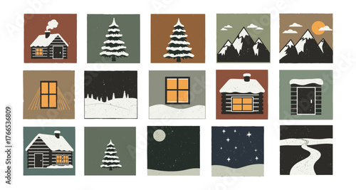 Cozy winter cabin and landscape set with snowy mountains and trees