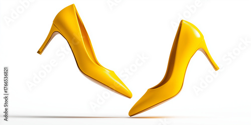 Bright yellow high heels appear to be floating in mid air against white background, showcasing their sleek and elegant design. vibrant color and glossy finish add touch of sophistication