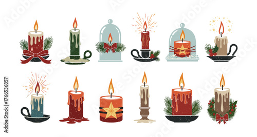 Festive candle designs with holiday decorations and glowing flames