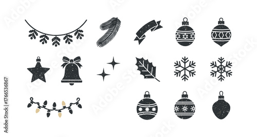 Festive holiday icons: christmas ornaments and decorations set in silhouette style