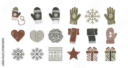 Rustic winter icons with mittens, snowflakes, and gifts in vintage style