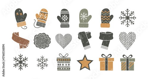 Cozy winter elements with knitted mittens and scarf designs in rustic style