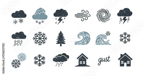 Weather icons set: storm, snowflake, wind, and cloud symbols in flat style