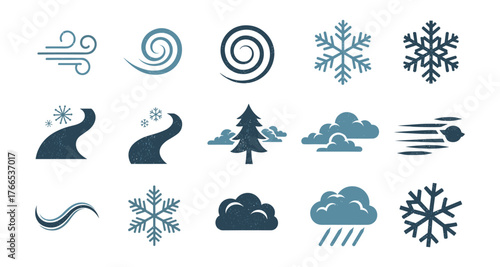 Winter weather icons set with snowflakes, clouds, and wind symbols