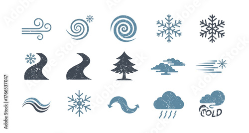 Distressed winter icons featuring snowflakes, wind, and clouds