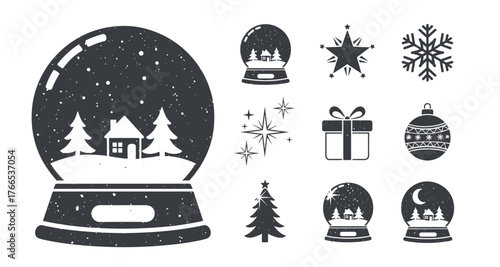 Charming winter snow globe collection with festive elements in black silhouette style