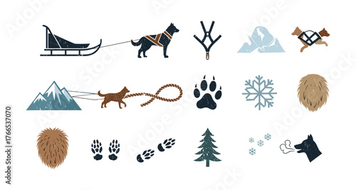 Winter adventure elements: dog sledding, snowy mountains, outdoor icons