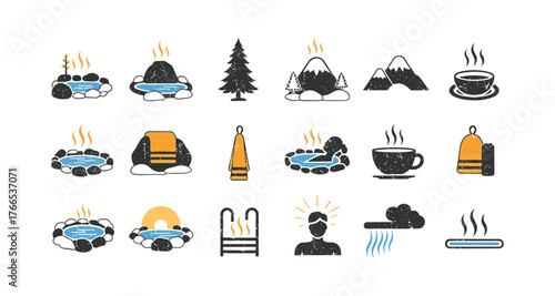 Rustic sauna icons set with hot springs and wellness elements