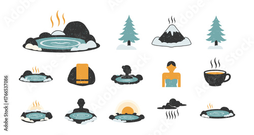 Relaxing hot springs and sauna icons with relaxing trees and silhouette figures