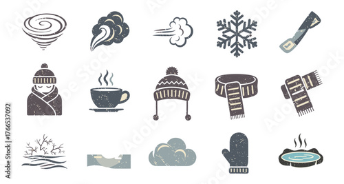 Winter themed icons collection: weather, clothing, and nature elements