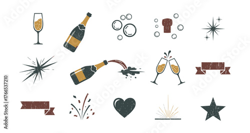Celebration elements with champagne and festive icons in rustic style