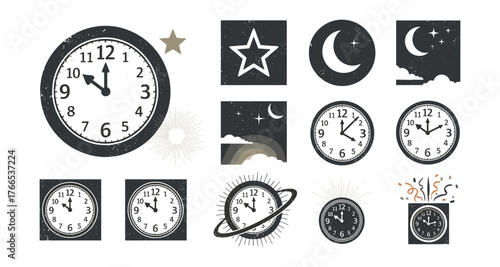 Vintage clock and celestial icons in retro style with rustic textures