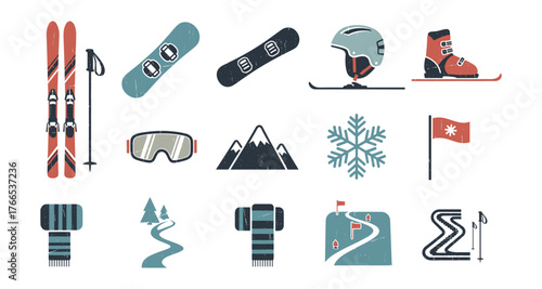 Winter sports gear and symbols in flat retro style with ski and snowboarding icons