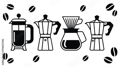 Four brewing methods and coffee beans bring a modern, minimalist feel to your coffee shop branding and morning routine designs