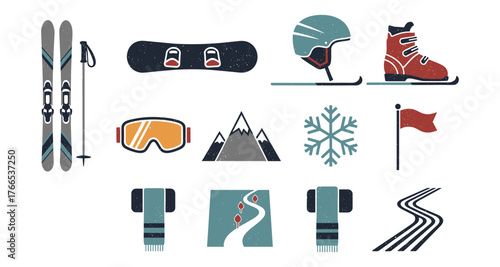 Winter sports equipment icons set featuring skis, snowboard, helmet, and more