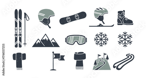 Winter sports gear set: skis, snowboard, helmets, and more in rustic style