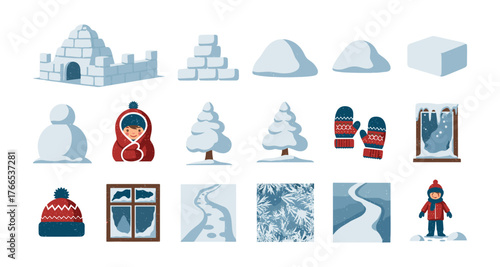 Winter elements collection: snowy scenes with igloo, snowman, frosty patterns, and cozy accessories