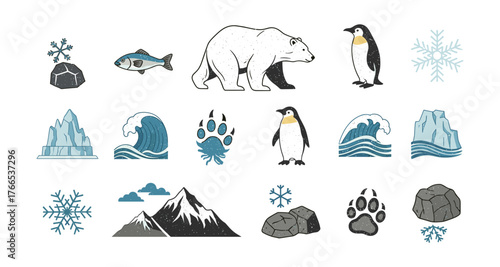 Set of arctic animal and nature icons with polar bear, penguins, and icebergs